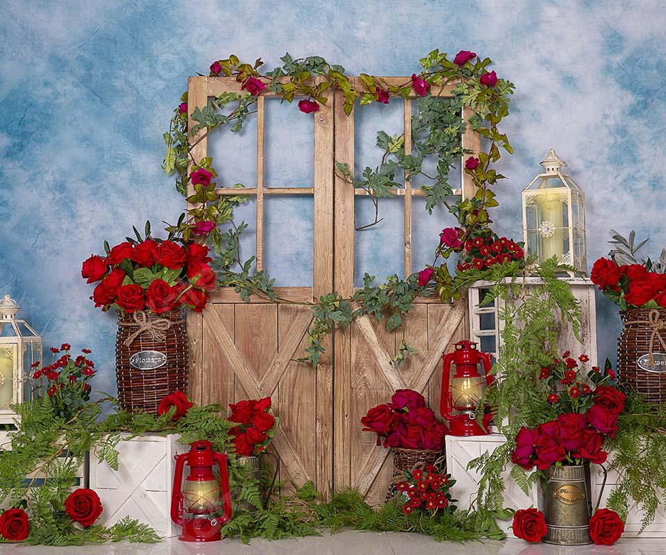 Kate Spring Red Rose Flowers Door Blue Backdrop Designed by Emetselch - Kate Backdrop AU