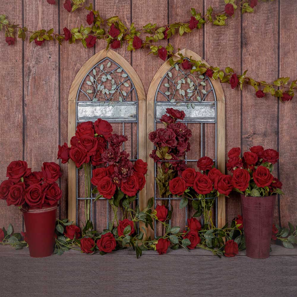 Kate Valentine's Day Red Roses Wood Window Backdrop Designed by Emetselch - Kate Backdrop AU