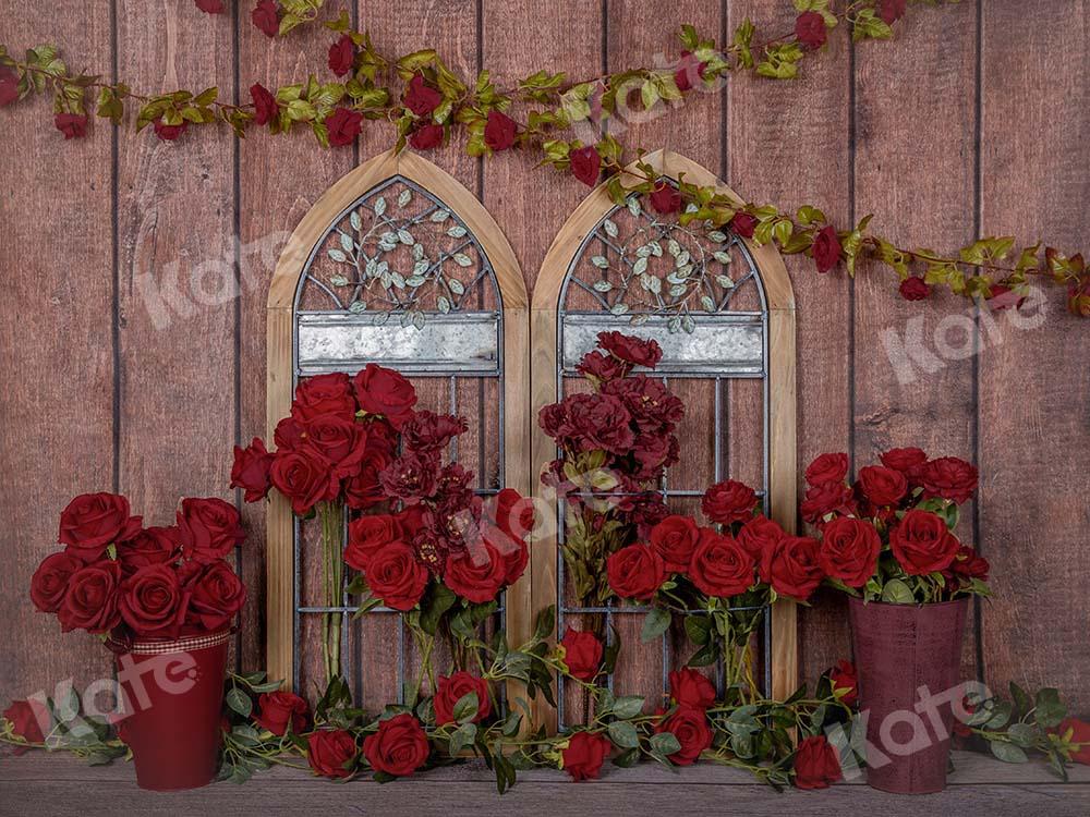 Kate Valentine's Day Red Roses Wood Window Backdrop Designed by Emetselch - Kate Backdrop AU