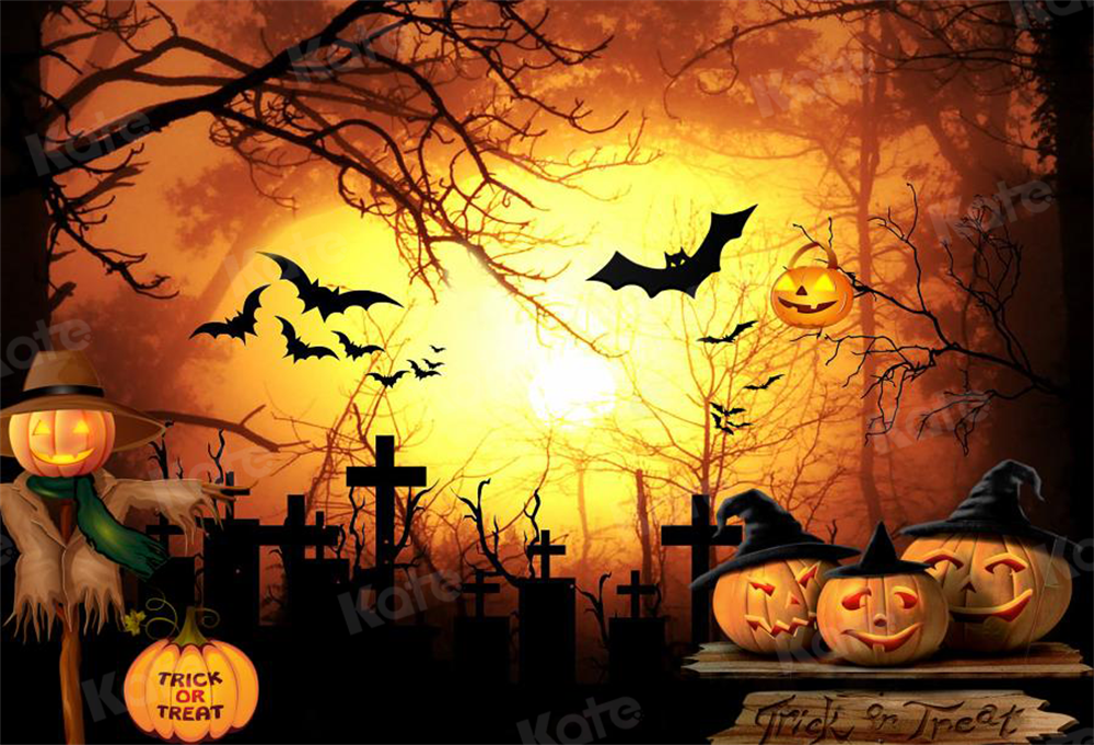 Kate Halloween Cemetery Bats Pumpkin Backdrop Designed by Chain Photography - Kate Backdrop AU