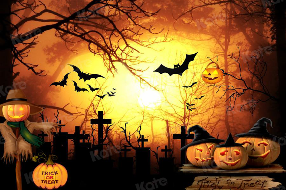 Kate Halloween Cemetery Bats Pumpkin Backdrop Designed by Chain Photography - Kate Backdrop AU