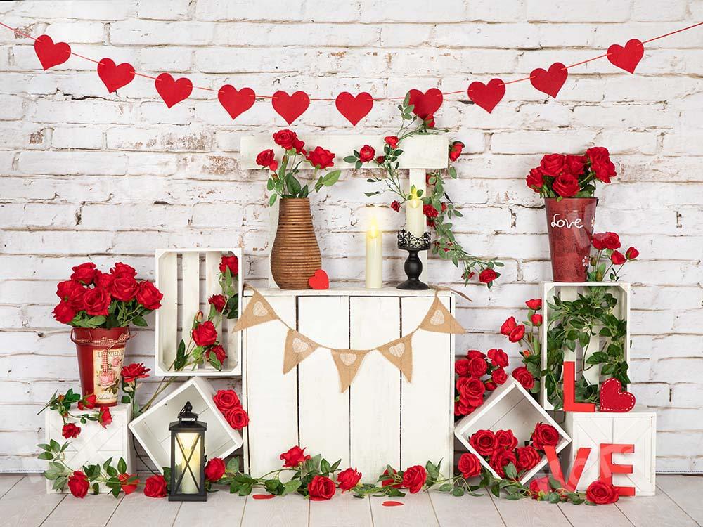Kate Valentine's Day Roses Stand White Brick Wall Backdrop Designed by Emetselch - Kate Backdrop AU