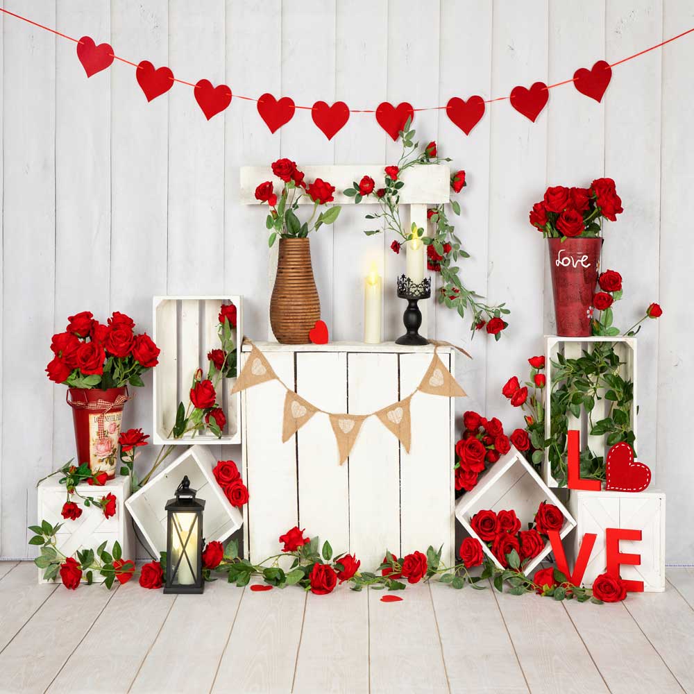 Kate Valentine's Day Roses Stand White Wood Wall Backdrop Designed by Emetselch - Kate Backdrop AU