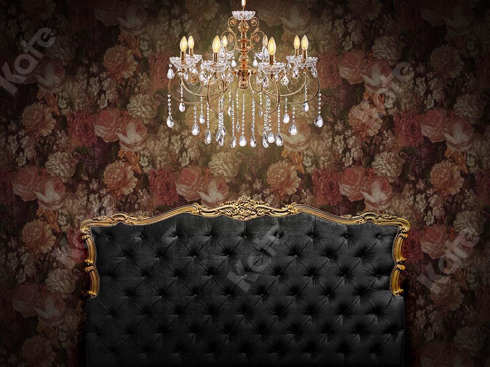 Kate Boudoir Black Headboard Retro Florals Wall Backdrop Designed by Chain Photography - Kate Backdrop AU