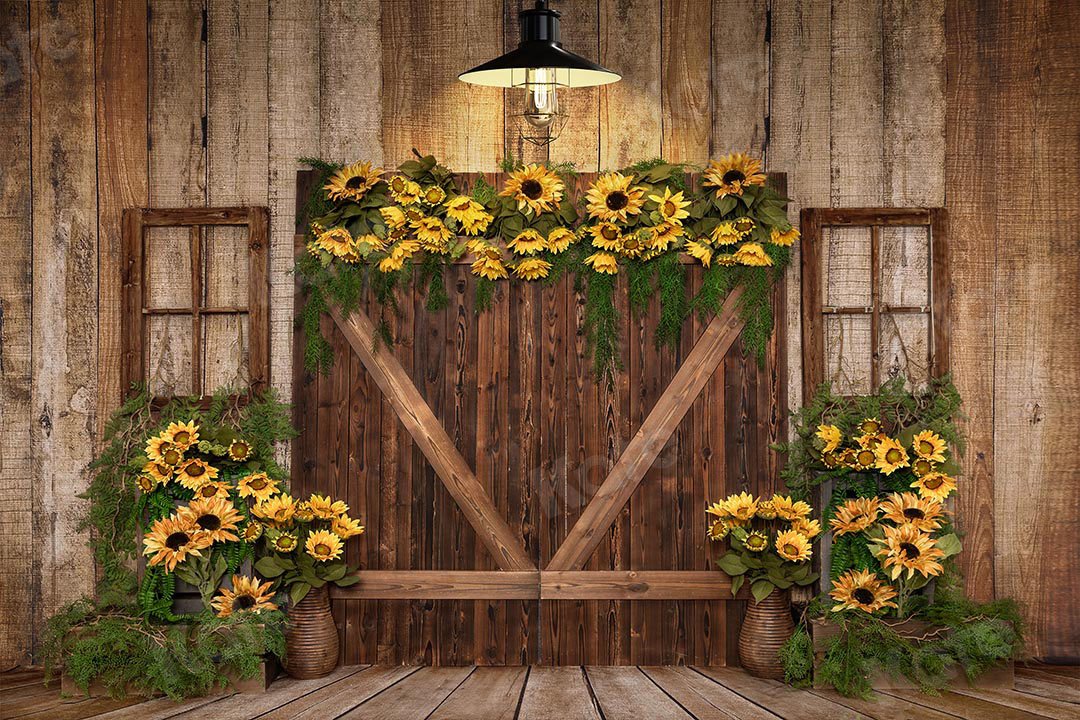 Kate Spring Sunflowers Wood Door Backdrop Designed by Emetselch - Kate Backdrop AU