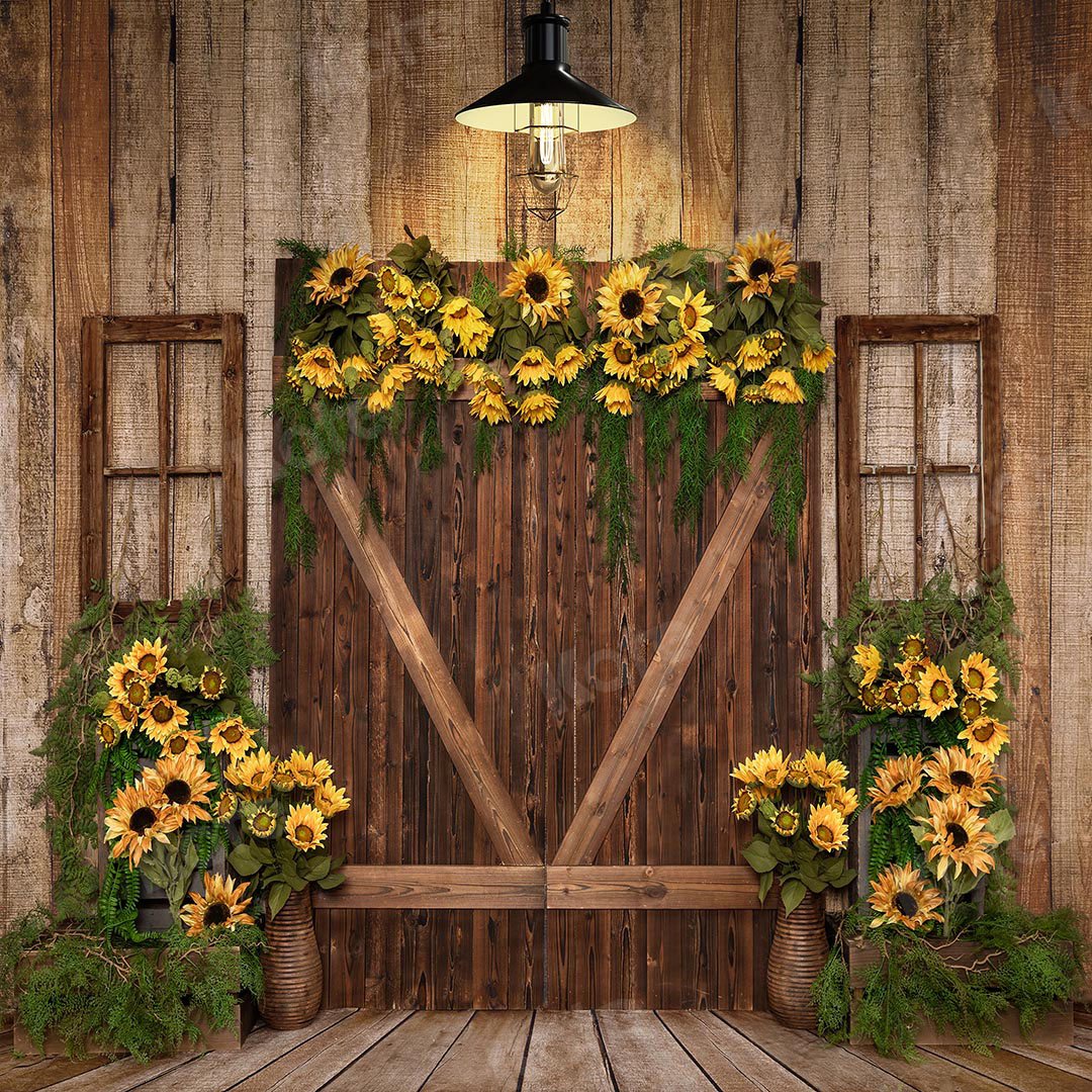 Kate Spring Sunflowers Wood Door Backdrop Designed by Emetselch - Kate Backdrop AU