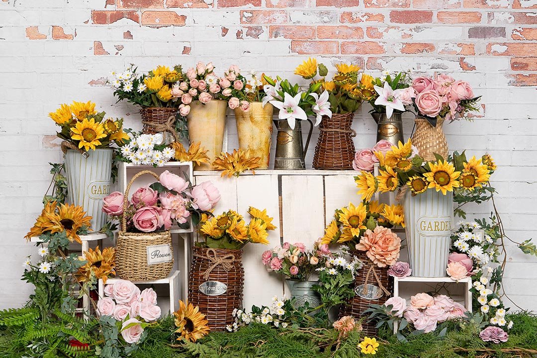 Kate Spring Flower Shop Sunflower Brick Wall Backdrop Designed by Emetselch - Kate Backdrop AU