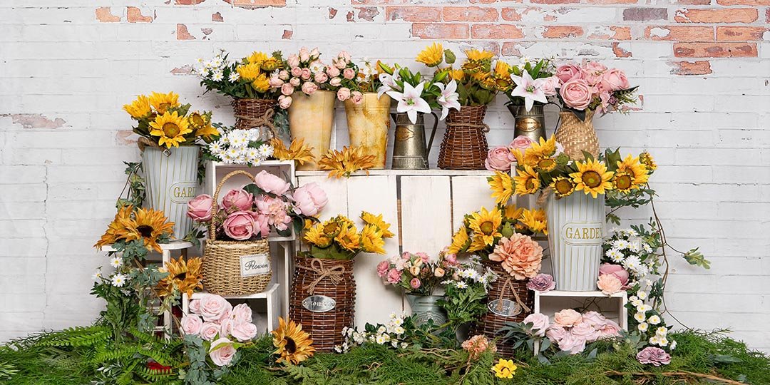Kate Spring Flower Shop Sunflower Brick Wall Backdrop Designed by Emetselch - Kate Backdrop AU