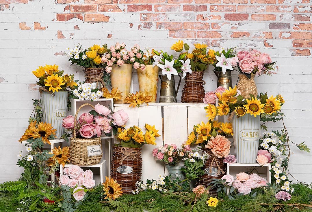 Kate Spring Flower Shop Sunflower Brick Wall Backdrop Designed by Emetselch - Kate Backdrop AU