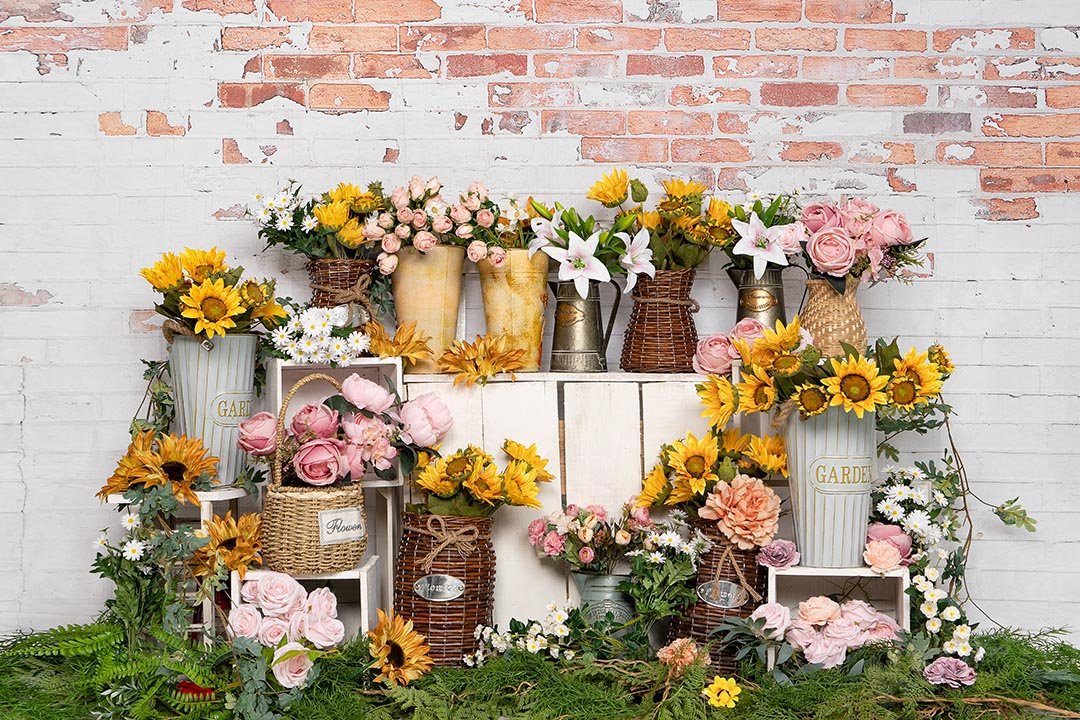 Kate Spring Flower Shop Sunflower Brick Wall Backdrop Designed by Emetselch - Kate Backdrop AU