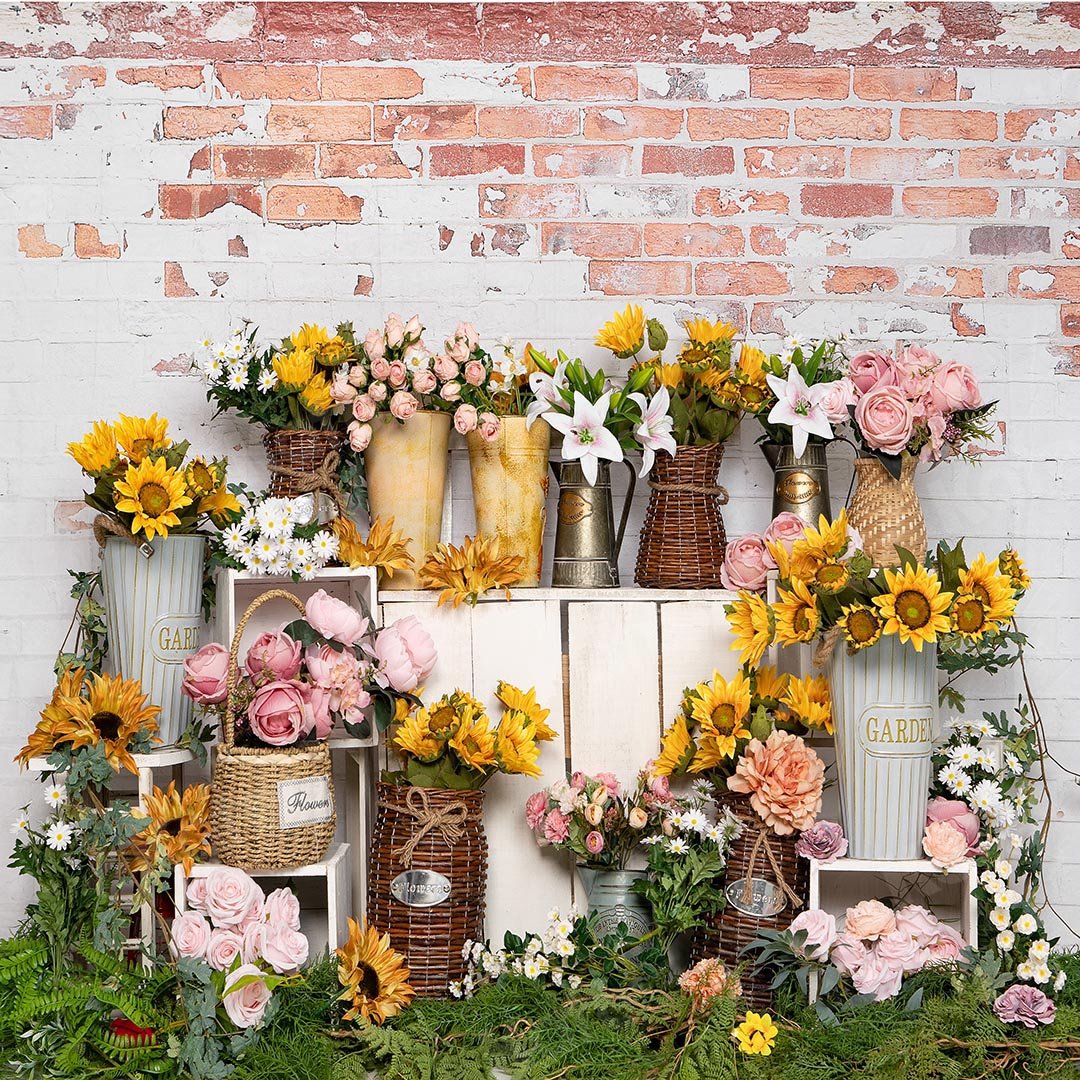 Kate Spring Flower Shop Sunflower Brick Wall Backdrop Designed by Emetselch - Kate Backdrop AU