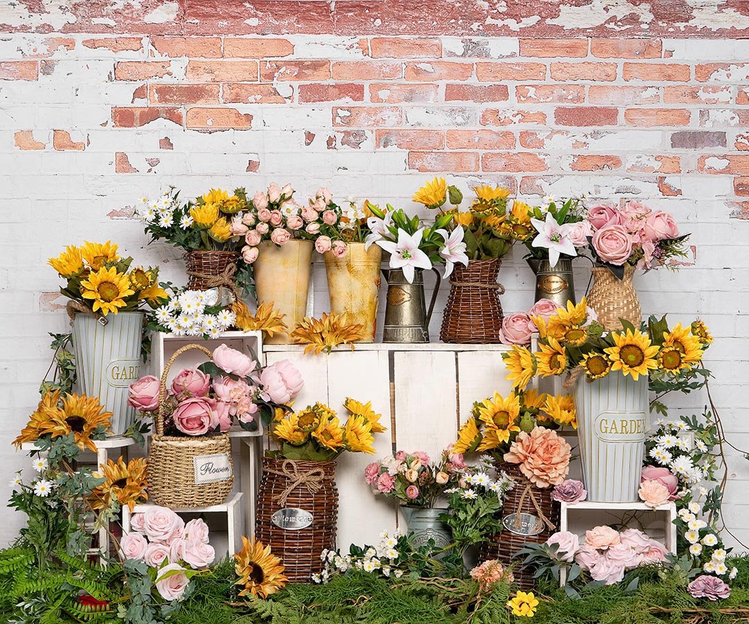 Kate Spring Flower Shop Sunflower Brick Wall Backdrop Designed by Emetselch - Kate Backdrop AU