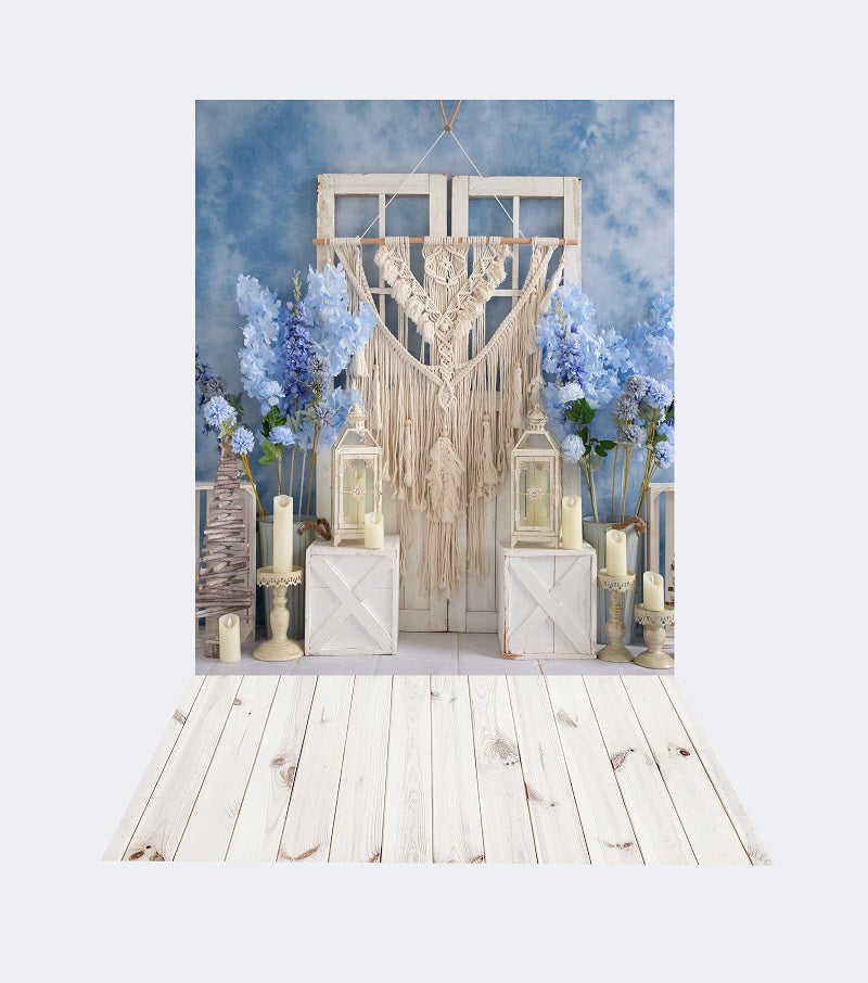 Kate 8x8ft Boho Blue Backdrop + 5x8ft Retro White Wood Rubber Floor Mat for Photography - Kate Backdrop AU