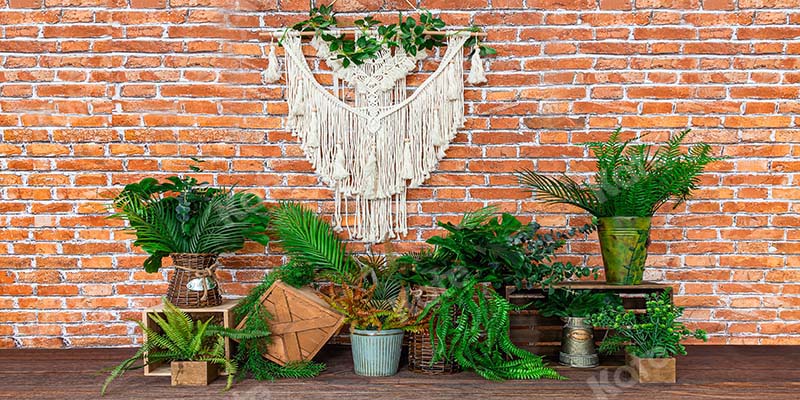 Kate Boho Retro Brick Wall and Plants Backdrop Designed by Emetselch - Kate Backdrop AU