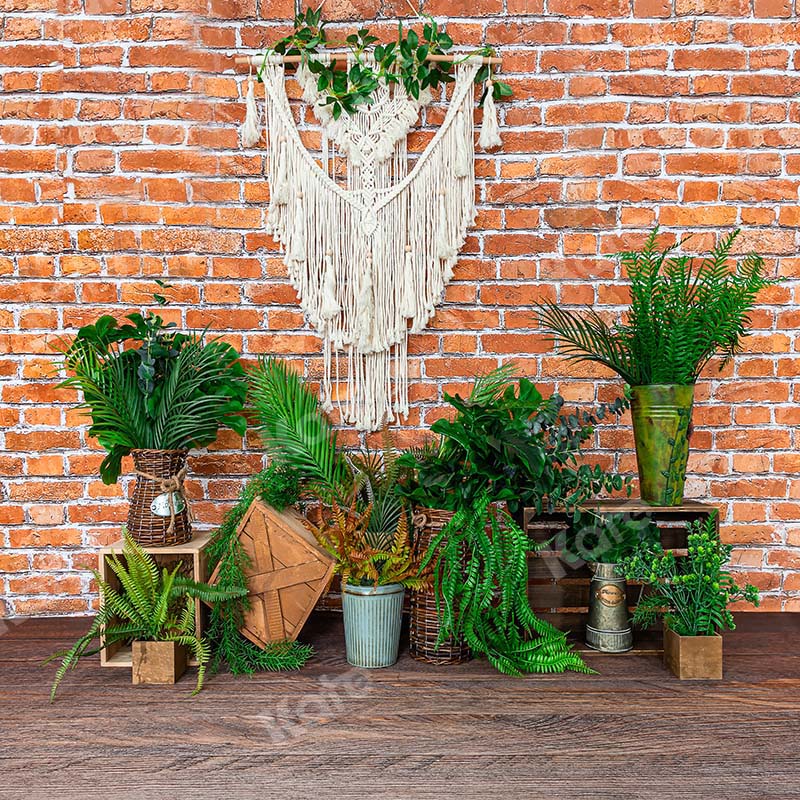 Kate Boho Retro Brick Wall and Plants Backdrop Designed by Emetselch - Kate Backdrop AU