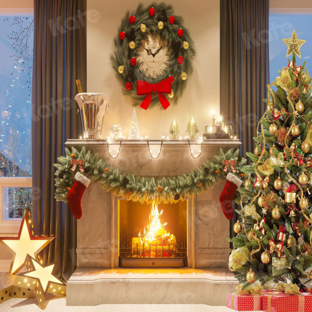 Kate Window Christmas Trees And Fireplace With Candle for Photography - Kate Backdrop AU
