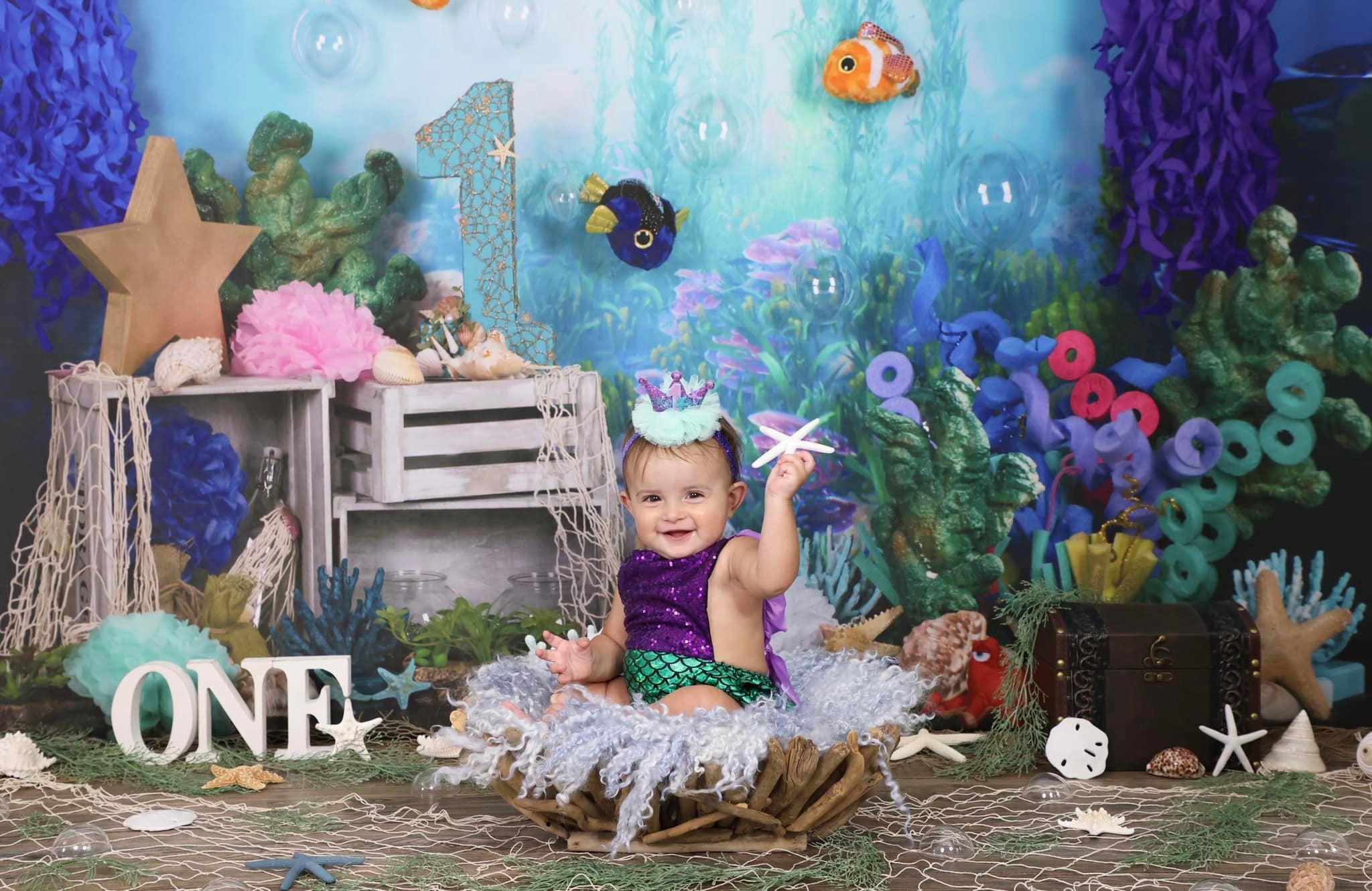 Kate mermaid under sea 1st birthday cake smash summer Backdrop designed by studio gumot