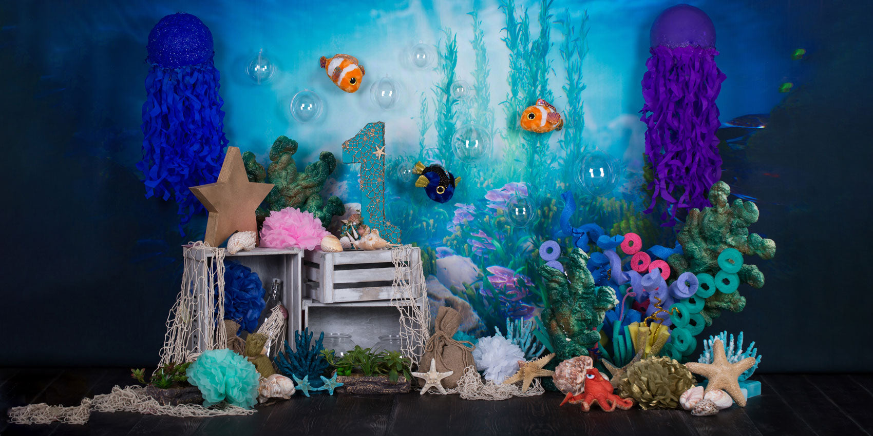 Kate mermaid under sea 1st birthday cake smash summer Backdrop designed by studio gumot - Kate Backdrop AU