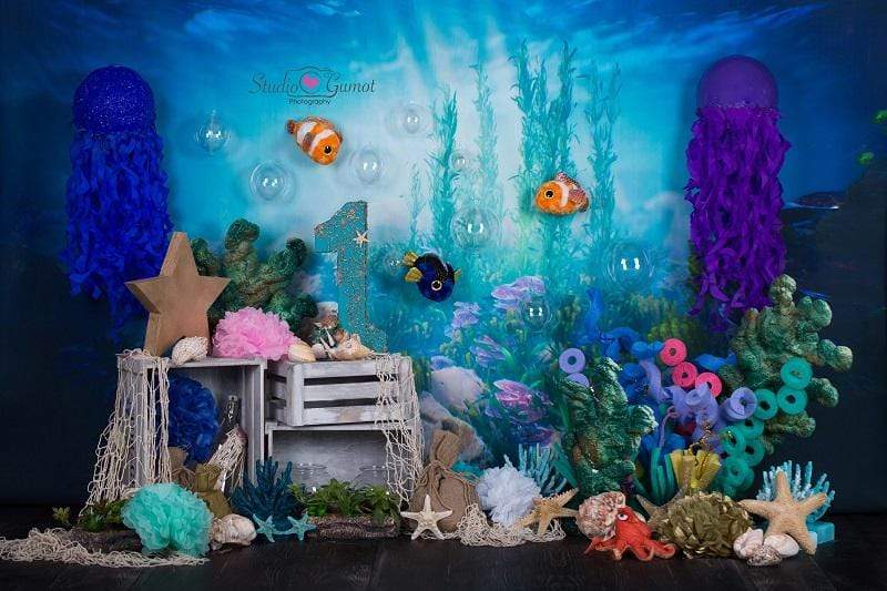 Kate mermaid under sea 1st birthday cake smash summer Backdrop designed by studio gumot