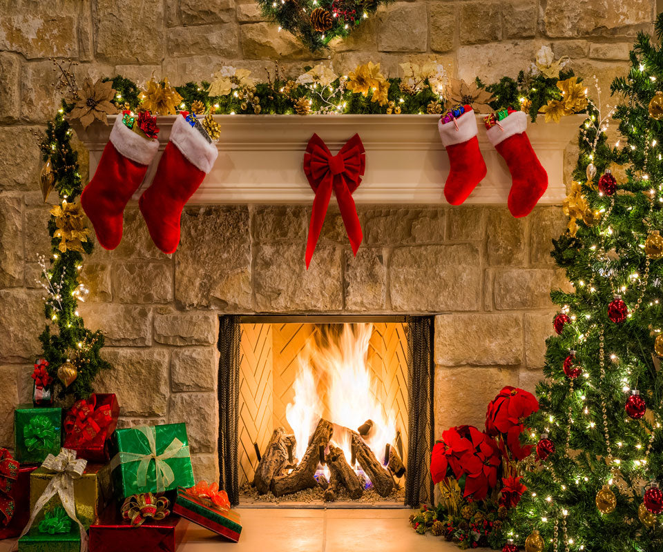 Kate Christmas Red Socks with Fireplace Backdrop for Photography - Kate Backdrop AU