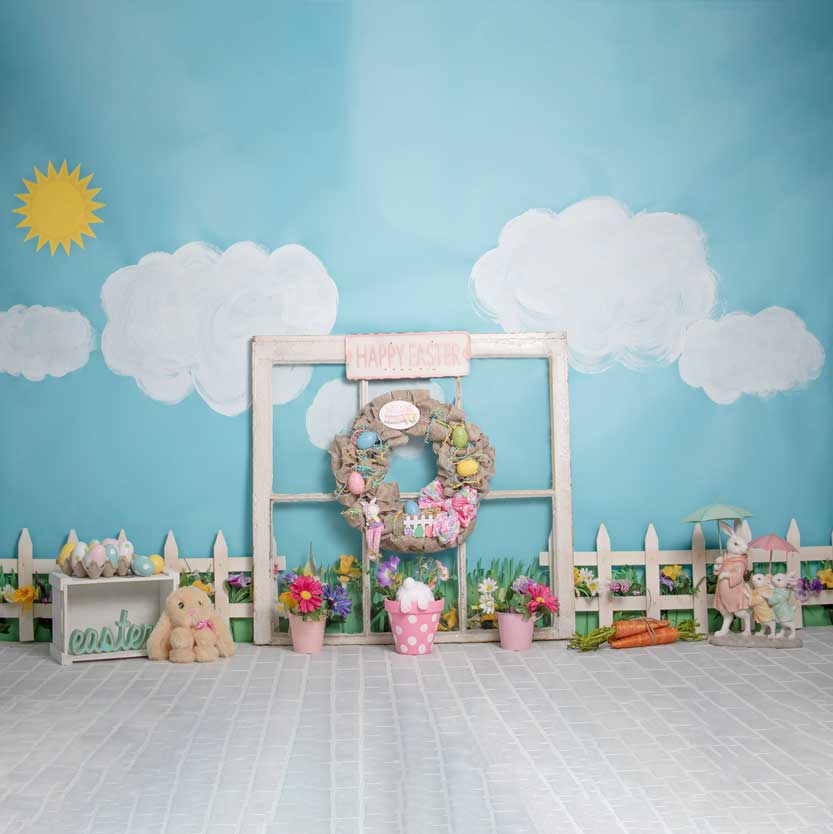 Kate Rabbits Railing Decorations Easter Spring Children Backdrop for Photography Designed by Erin Larkins - Kate Backdrop AU