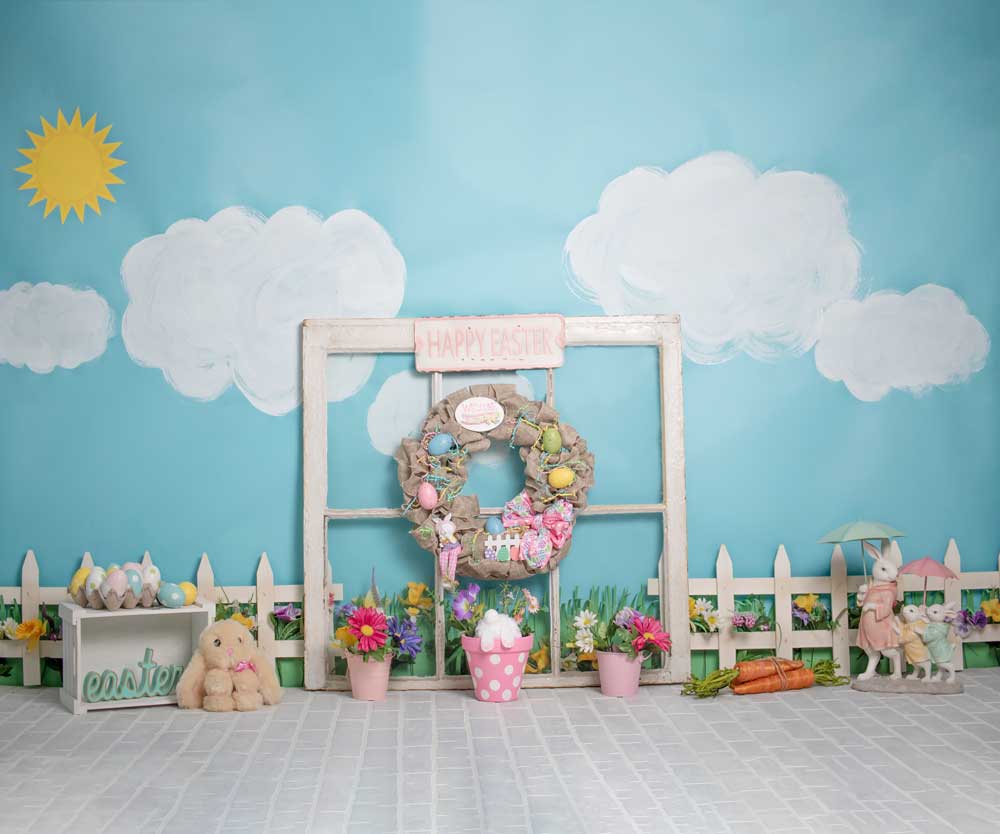 Kate Rabbits Railing Decorations Easter Spring Children Backdrop for Photography Designed by Erin Larkins - Kate Backdrop AU
