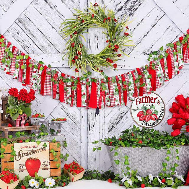 Kate Summer Strawberry White Wooden Board With Banners Backdrop - Kate Backdrop AU