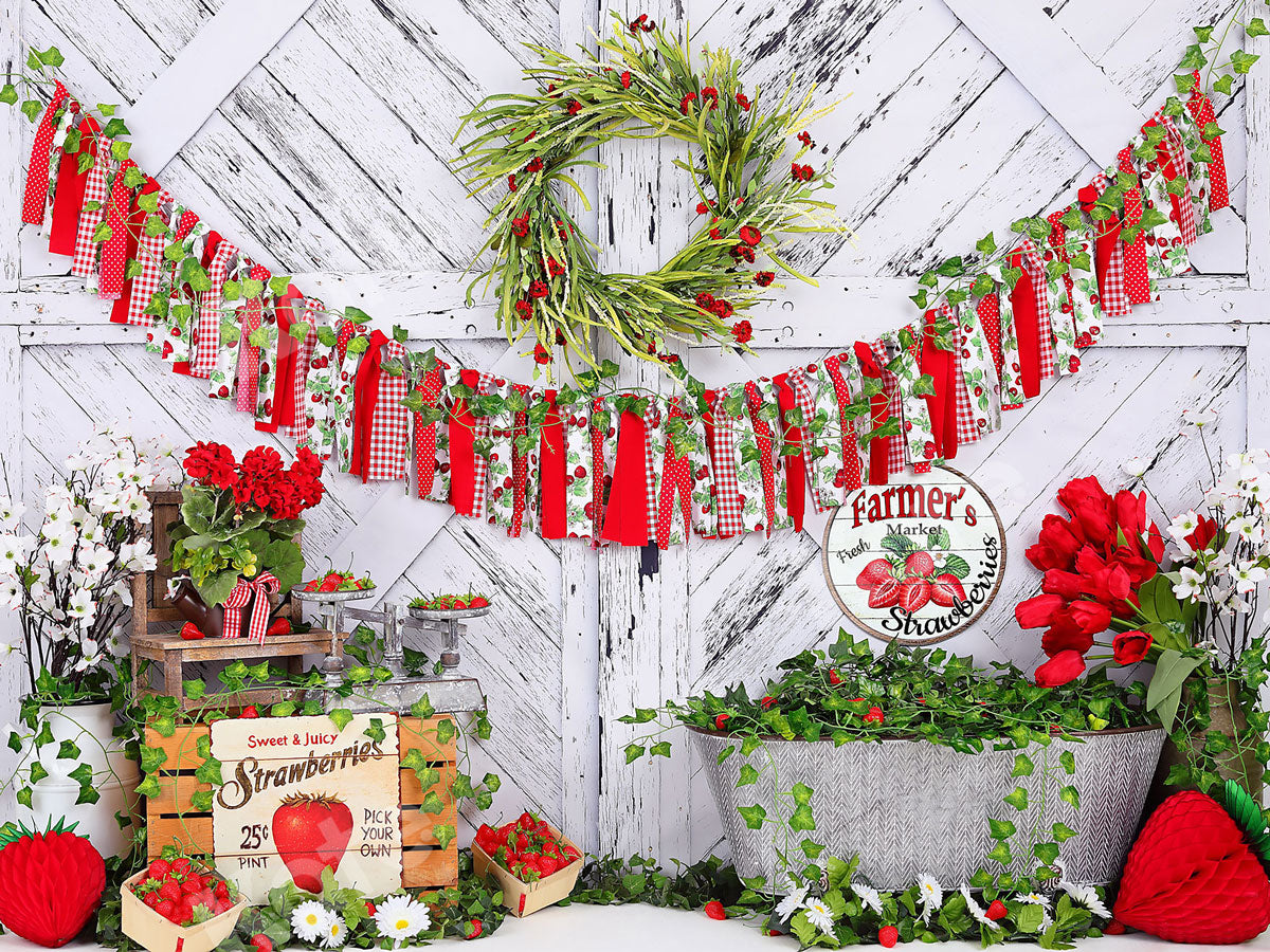Kate Summer Strawberry White Wooden Board With Banners Backdrop - Kate Backdrop AU