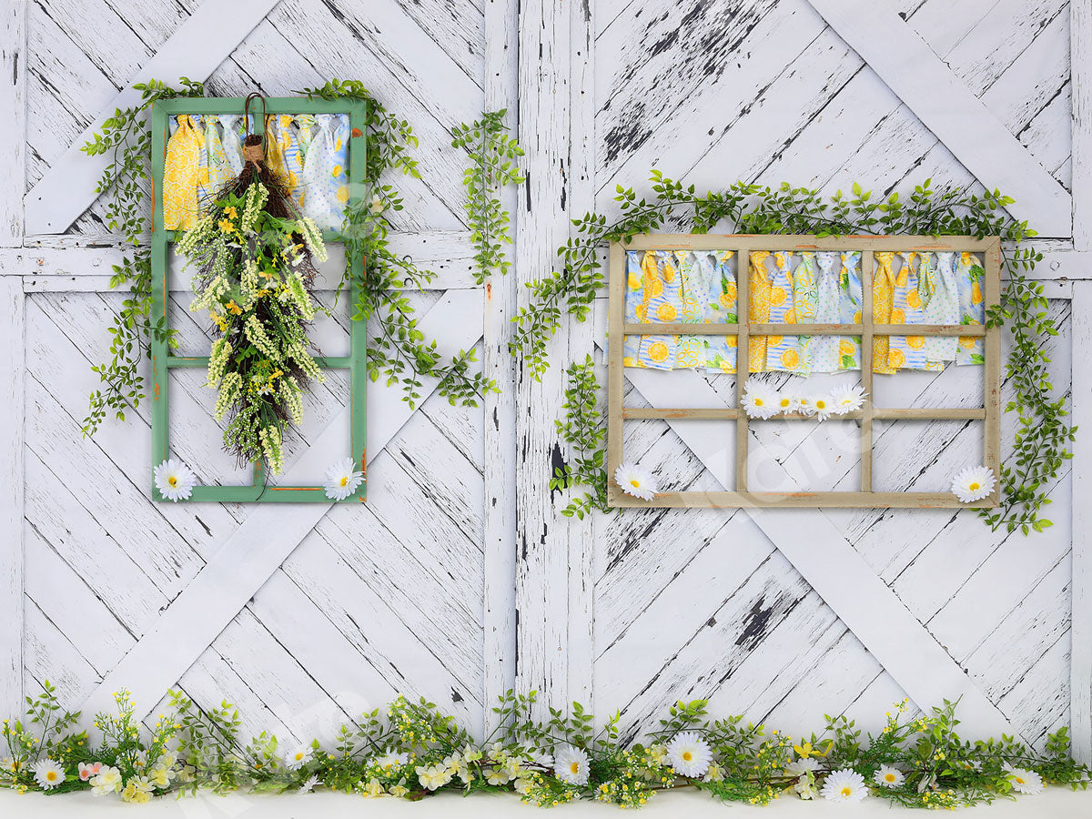 Kate Retro Wood Lemon color and Daisies Spring Backdrop - Kate Backdrop AU
