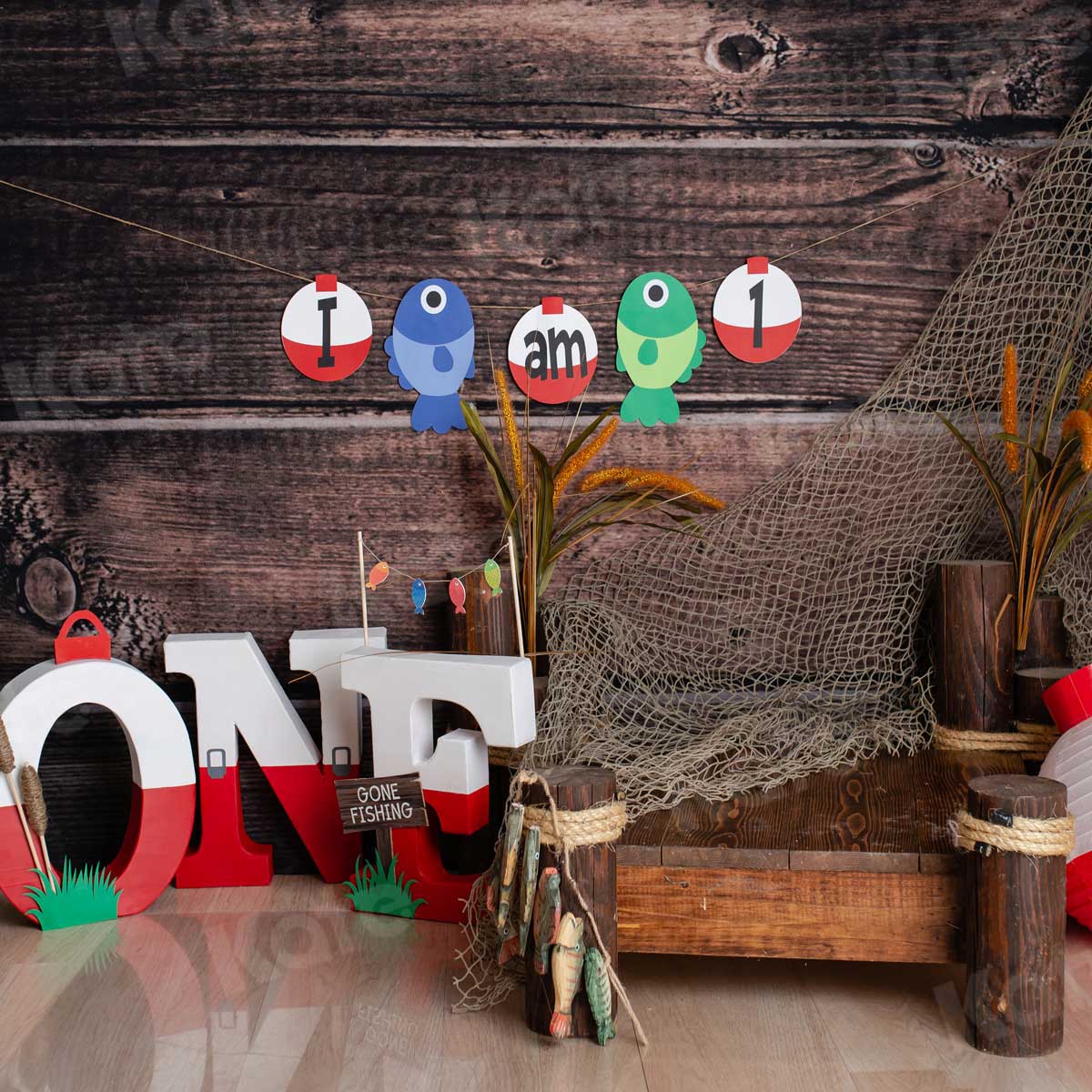 Kate 1st Birthday Go Fishing Wooden Backdrop for Photography Designed By Leila Steffens - Kate Backdrop AU