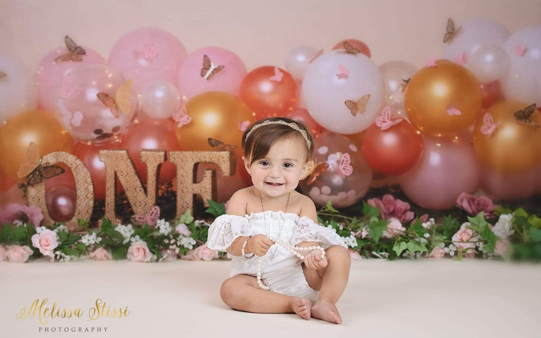 Kate Birthday Cake Smash Balloon with Butterfly Backdrop for Photography Designed by Cassie Christiansen Photography - Kate Backdrop AU