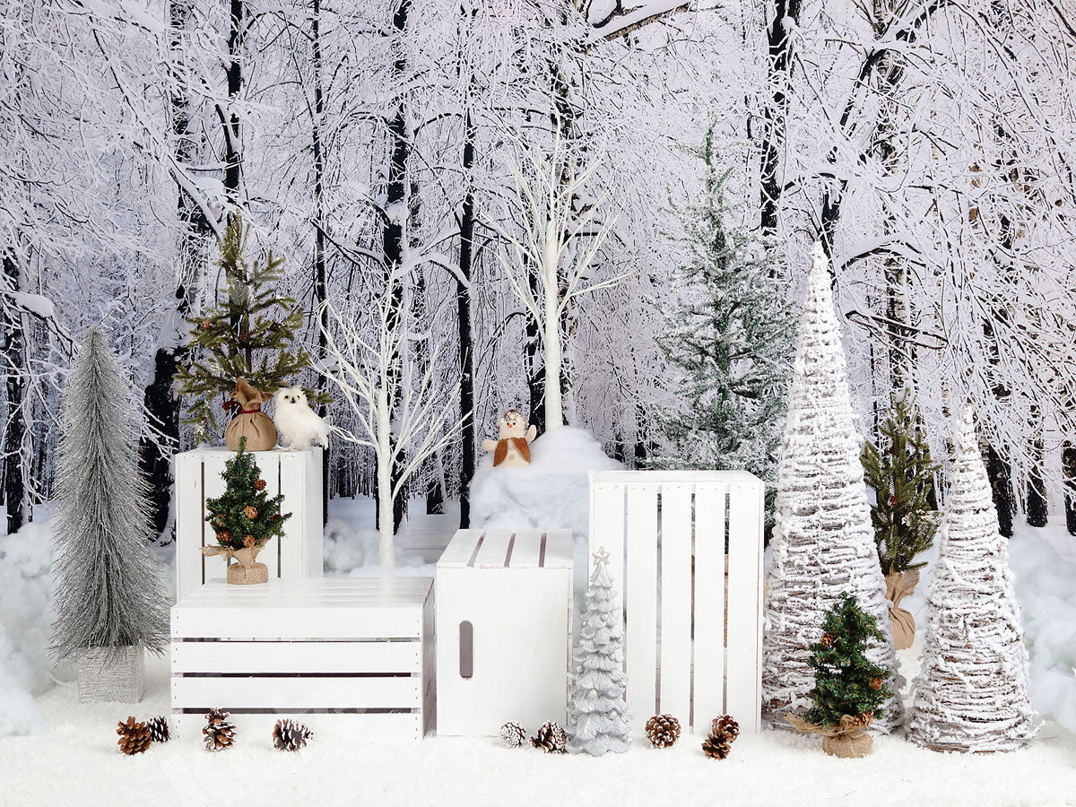 Kate Christmas Snowy Pine Trees with Decorations Backdrop - Kate Backdrop AU