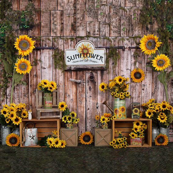 Kate Spring Sunflower Gift Shop Wood Fall Backdrop - Kate Backdrop AU