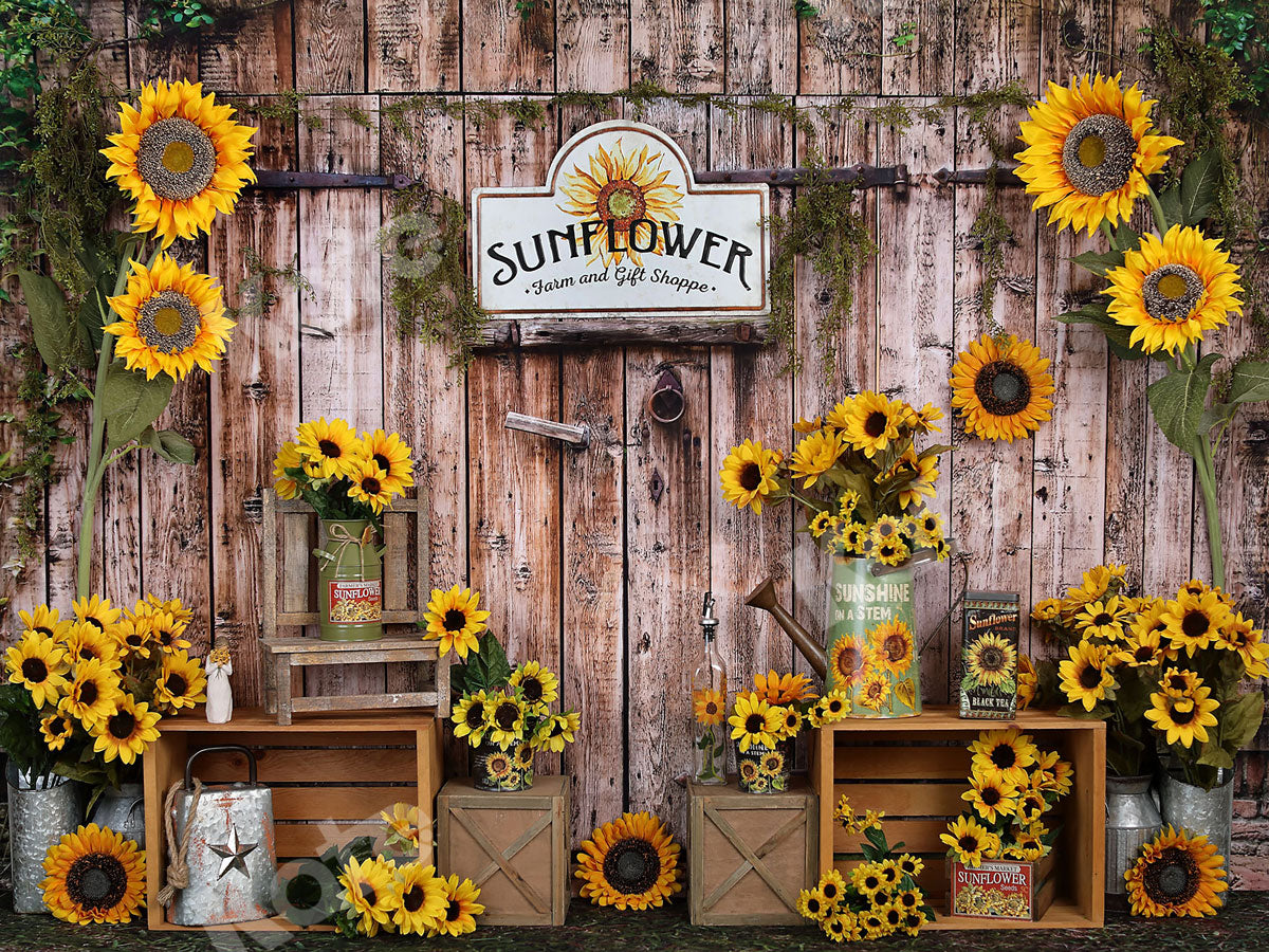 Kate Spring Sunflower Gift Shop Wood Fall Backdrop - Kate Backdrop AU