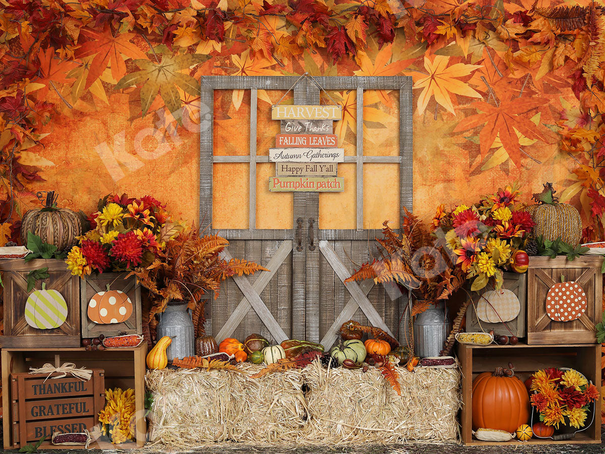 Kate Autumn Leaves with Pumpkins Thanksgiving Backdrop