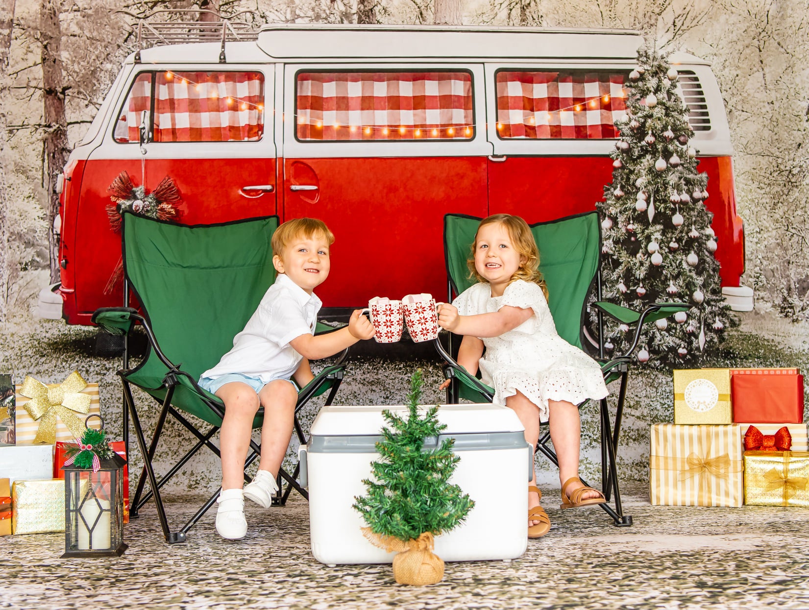 Kate Christmas Tree Red Camper van in Snow Backdrop for Photography Designed by Kerry Anderson - Kate Backdrop AU