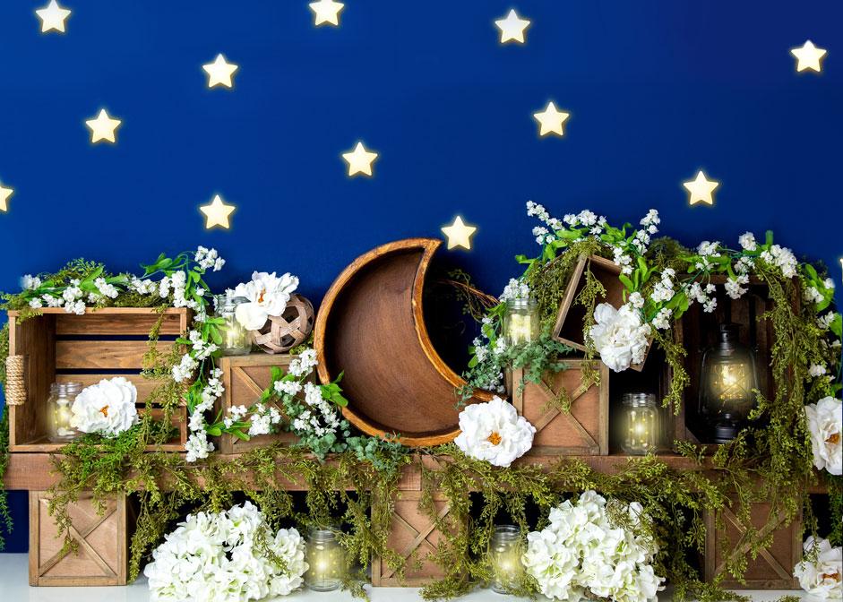 Kate Spring White Flowers Moon Blue Stars Backdrop Designed By Megan Leigh Photography - Kate Backdrop AU