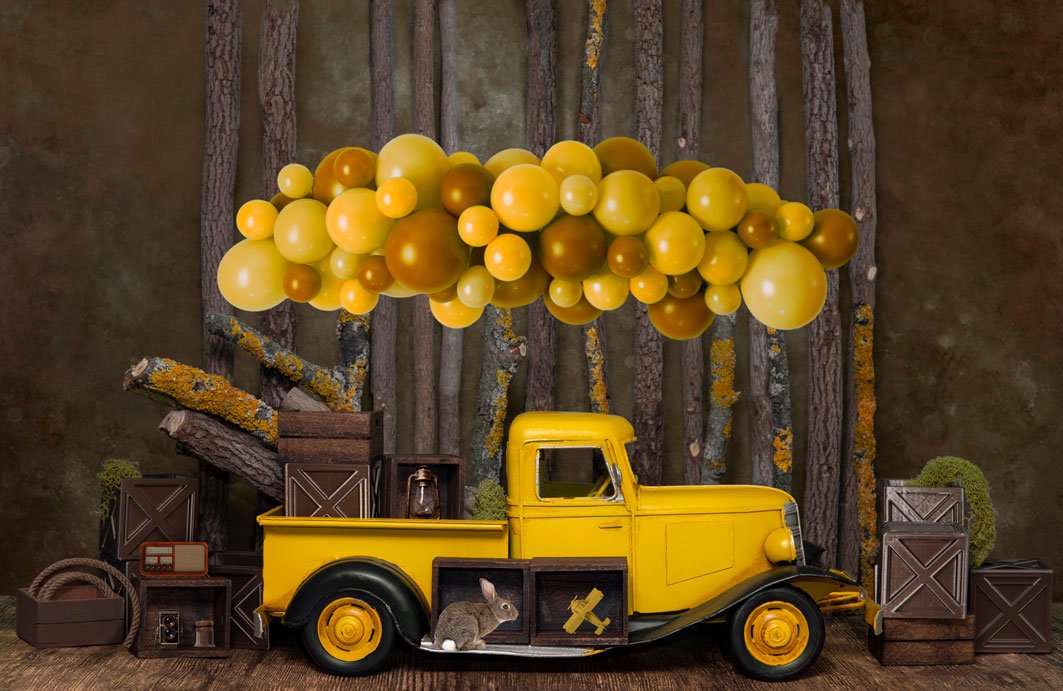 Kate Cake Smash Yellow Balloon Truck Backdrop Designed by Mini MakeBelieve - Kate Backdrop AU