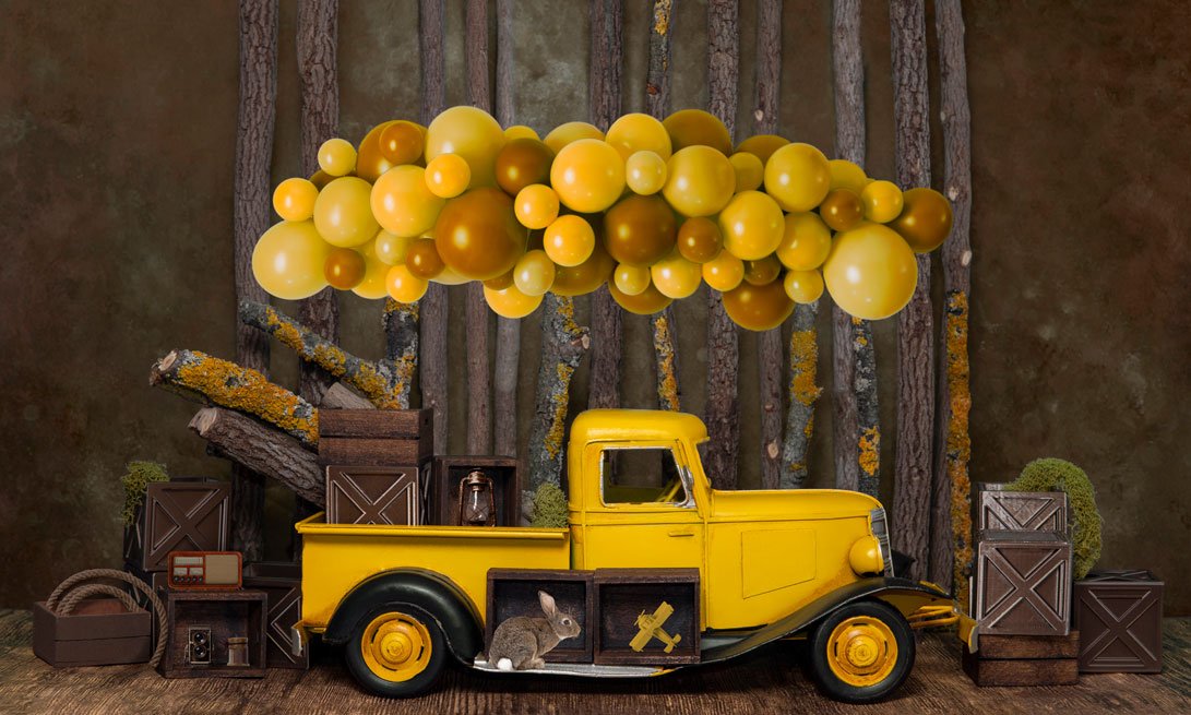 Kate Cake Smash Yellow Balloon Truck Backdrop Designed by Mini MakeBelieve - Kate Backdrop AU