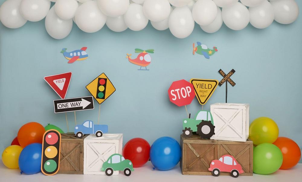 Kate Colorful Birthday Cars Trucks Airplanes Backdrop Designed by Melissa King - Kate Backdrop AU