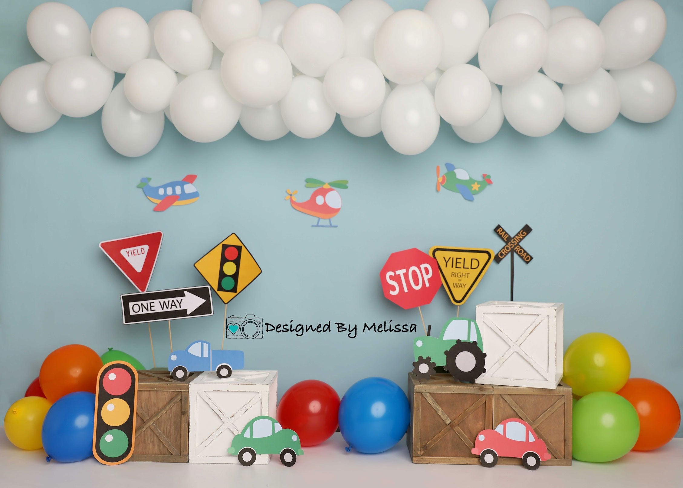 Kate Colorful Birthday Cars Trucks Airplanes Backdrop Designed by Melissa King - Kate Backdrop AU