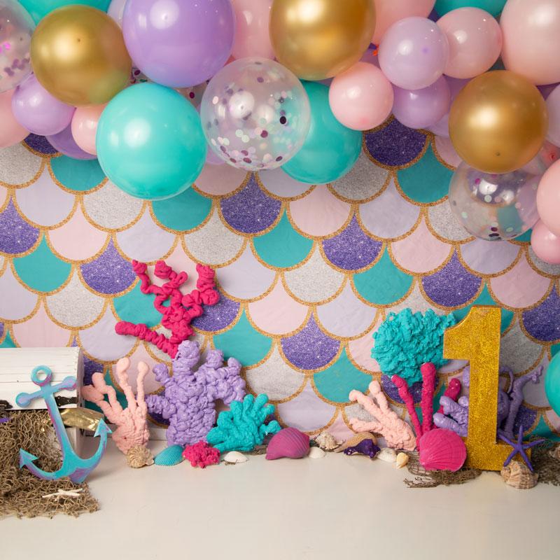Kate Mermaid 1's Birthday Balloons Backdrop Designed by Jenna Onyia - Kate Backdrop AU