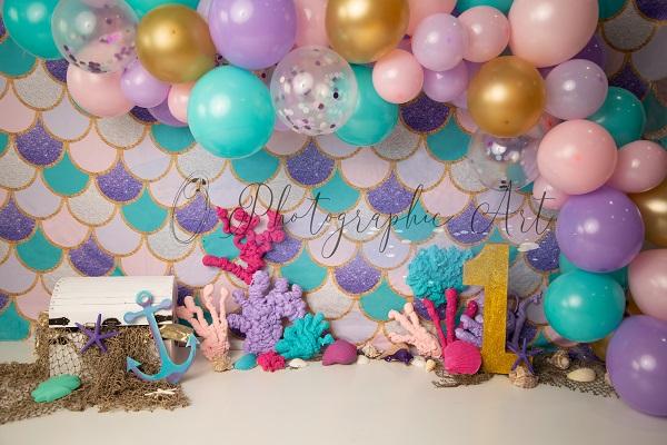 Kate Mermaid 1's Birthday Balloons Backdrop Designed by Jenna Onyia - Kate Backdrop AU