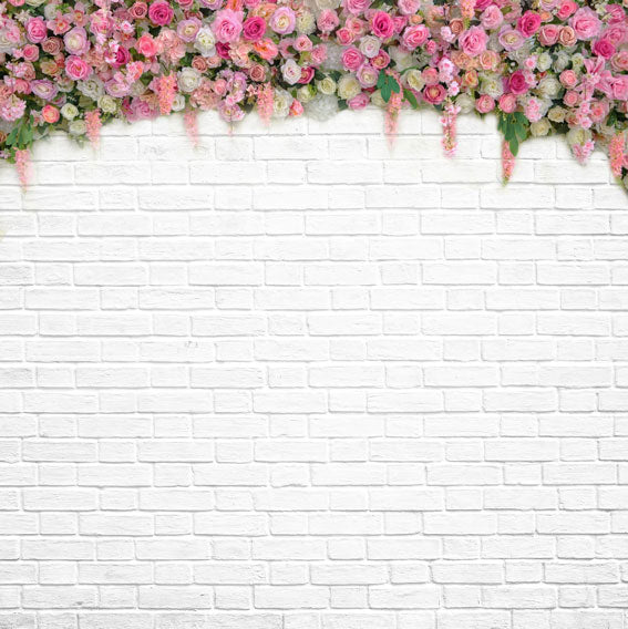 Kate Spring Colorful Flower White Brick Wall Backdrop - Kate Backdrop AU