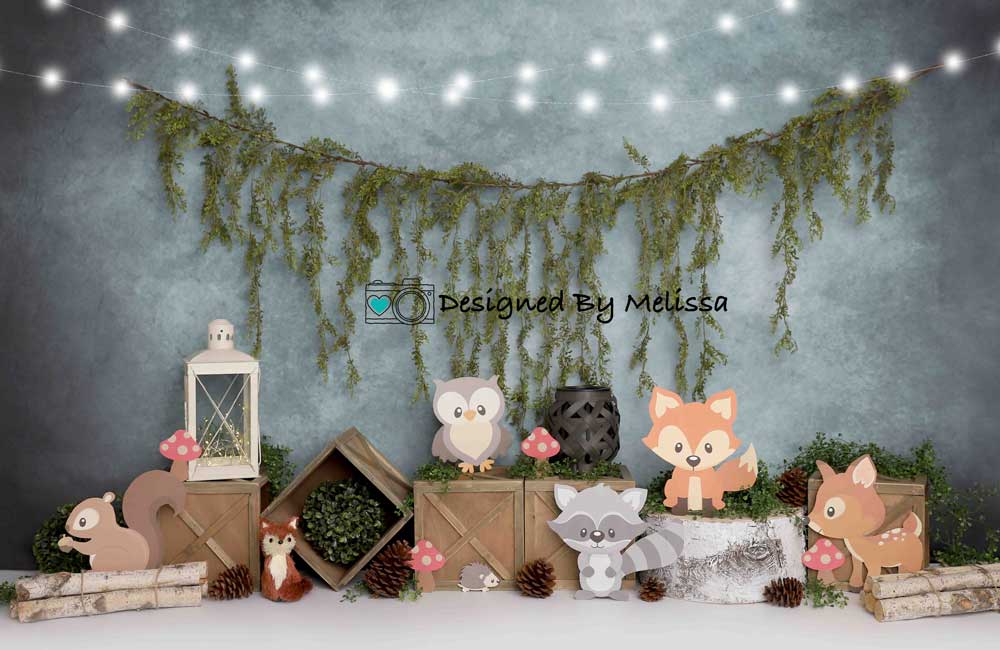 Kate Blue Woodland Animals Cake Smash Backdrop Designed by Melissa King - Kate Backdrop AU