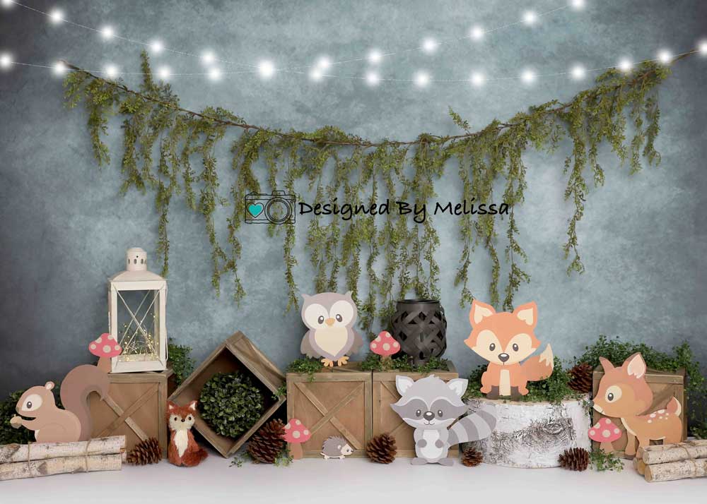 Kate Blue Woodland Animals Cake Smash Backdrop Designed by Melissa King - Kate Backdrop AU
