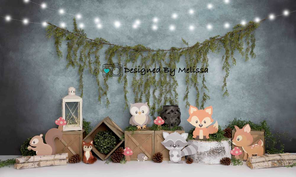 Kate Blue Woodland Animals Cake Smash Backdrop Designed by Melissa King - Kate Backdrop AU