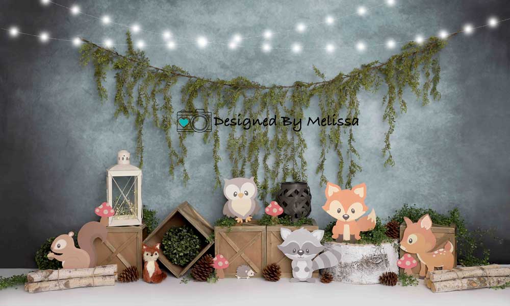 Kate Blue Woodland Animals Cake Smash Backdrop Designed by Melissa King