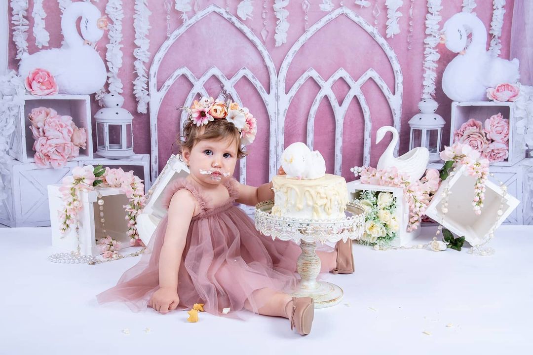 Kate Pink Swan Cake Smash Girly Backdrop for Photography Designed by Lisa B - Kate Backdrop AU