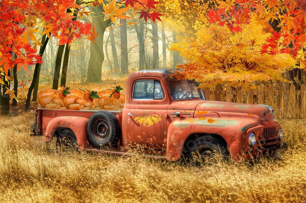 Kate Fall Pumpkin Truck Harvest Thanksgiving Backdrop for Photography - Kate Backdrop AU